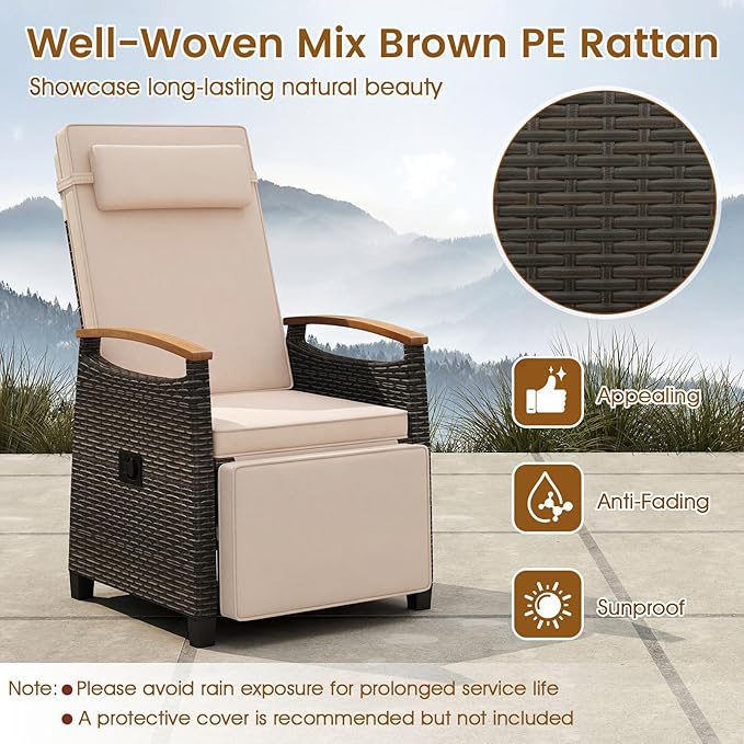 HAPPYGRILL Outdoor Rattan Wicker Chaise Lounge Recliner Chair with Adjustable Backrest & Footrest - Photo 7