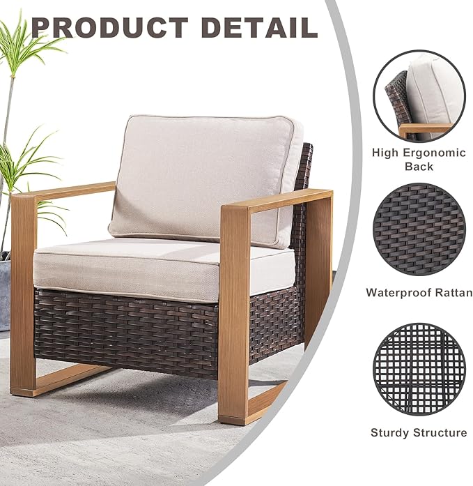 Rilyson Outdoor Wicker Patio Furniture Set - 4 Piece Patio Conversation Set with 2 Wicker Armrest Chairs,2 Rattan Ottoman, Sturdy Frame, Thick Cushions, Deep Seating(Brown/Beige)