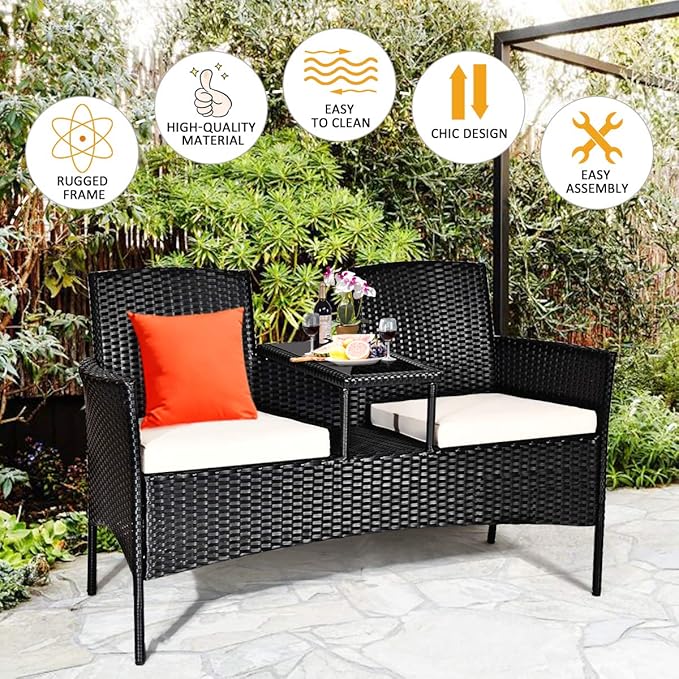 Outdoor Loveseat, 2 Seats Chair with Table, Cushions, Tempered Glass Tabletop, Wicker Patio Conversation Furniture Set - Photo 4
