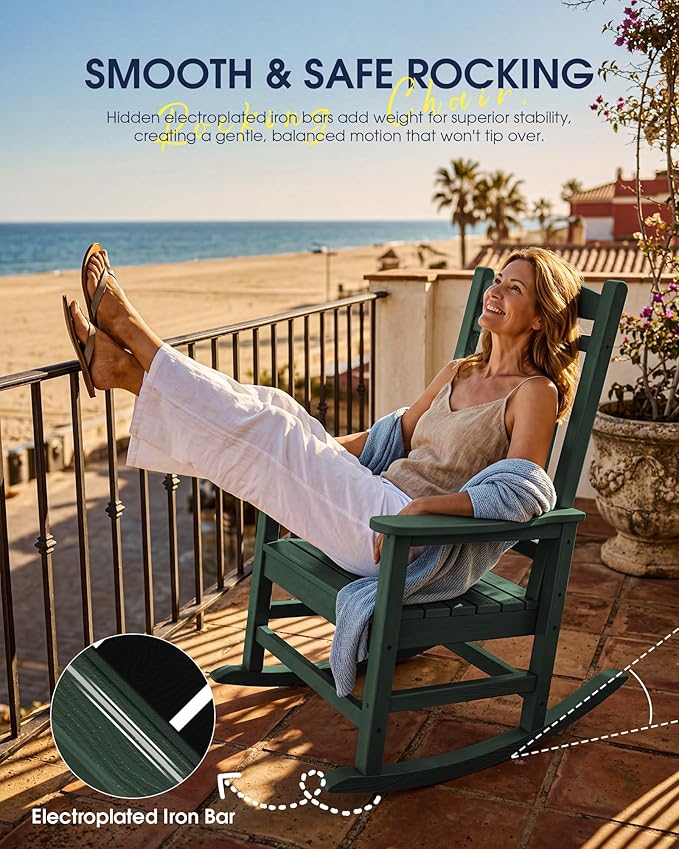 KINGYES HDPE Outdoor Rocking Chair, All-Weather Patio Rocking Chair, Weather Resistant Porch Rocker for Adults, Dark Green