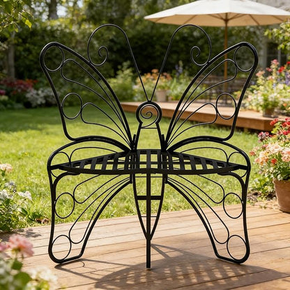 Small Metal Butterfly Garden Bench, Outdoor Benches Weatherproof, Patio Porch Bench for Outdoors, Outdoor Butterfly Chair Armless for Front Porch/Yard/Entryway (A-Black)
