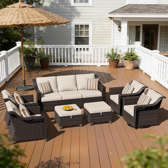 7 Pieces Patio Conversation Furniture Set - 1 Sofa, 2 Armchairs, 2 Ottomans, 2 Swivel Chairs - Photo 1