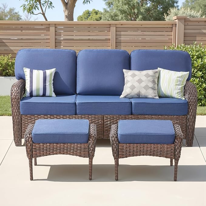 3 Pieces Patio Sofa Furniture Set, Wicker Sofa Outdoor Furniture High Back Rattan 3 Seater Couch with Ottomans - Photo 1