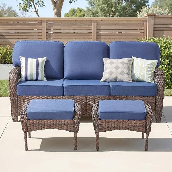3 Pieces Patio Sofa Furniture Set, Wicker Sofa Outdoor Furniture High Back Rattan 3 Seater Couch with Ottomans - Photo 1