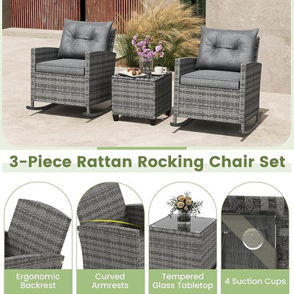 Tangkula 3 Piece Wicker Rocking Set, Patio Rattan Roker Chairs with Tempered Glass Table & Soft Cushions, Outdoor Furniture Set for Backyard, Poolside Porch (Grey)