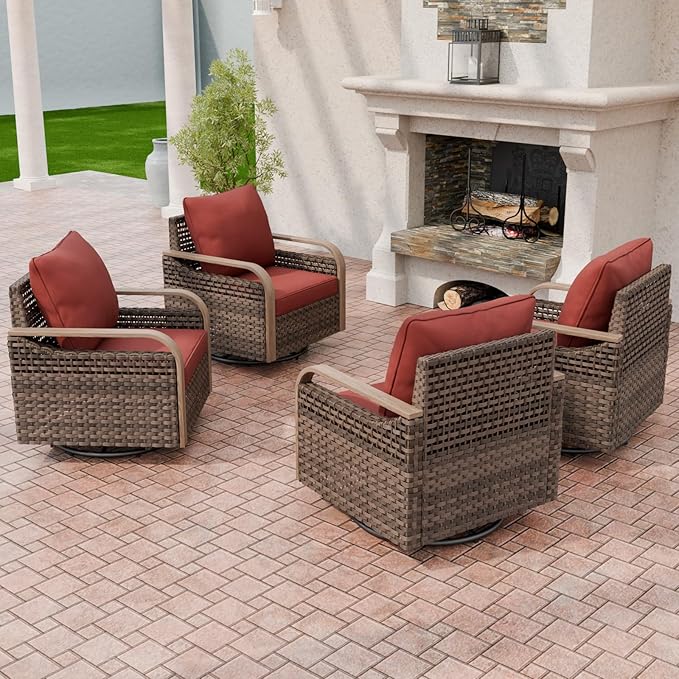 Modern Wicker Outdoor Swivel Rocking Chairs, Rattan Glider Rocker Chairs Patio Furniture for Backyard, Deck, Porch, Garden, 4 Pieces, Brown/Red