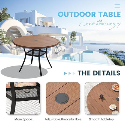 Patio Dining Table for 4, Round Metal Outdoor Table with Storage Shelf, 1.57" Umbrella Hole, 41" Outdoor Slat Tabletop Dining Table for Backyard, Porch, Lawn, Walnut