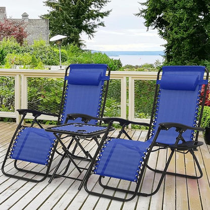 Athena Collection Zero Gravity Outdoor Lounge Chair Set of 2 with Side Table, 29" Width Pool Lounge Lawn Chairs Reclining with Cup Holder, Outdoor Chaise for Beach Patio Backyard Outside, Blue