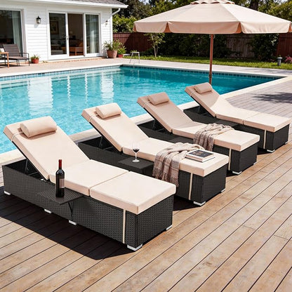 Outdoor Chaise Lounge with Adjustable Backrest Set of 4, 6-Position Reclining Lounger Pool Chair, Thick 3-Inch Cushion & Side Tray, All-Weather PE Wicker for Outdoor, Backyard, Deck (Khaki)