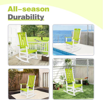 Aoodor Outdoor Rocking Chair, Ergonomic HDPE Rockers with All-Weather Design for Patio or Porch, Clashing Colors, Lemon Green and White,Set of 4