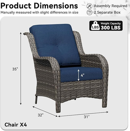 4 Piece Outdoor Wicker Patio Furniture Set, Patio Chairs Set of 4 with Thickened Olefin Cushions, High Back and Deep Seating, Hand-Woven PE Rattan for Porch, Deck, Blue