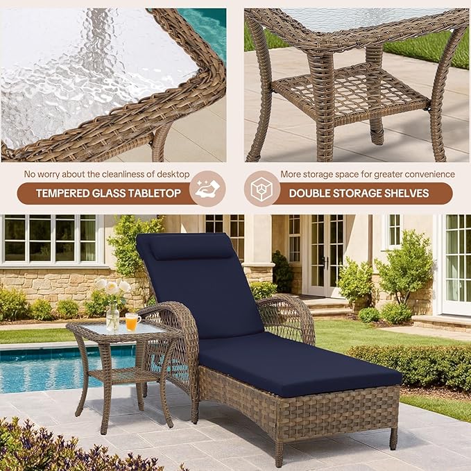 HOMEDIARY Outdoor Wicker Lounge Chair Set, 6-Position Adjustable Patio Chaise Lounge w/Side Table, All Weather Lay Flat Pool Sunbathing Recliner, Armrest & Head Pillow, Fade-Resistant, Navy Blue