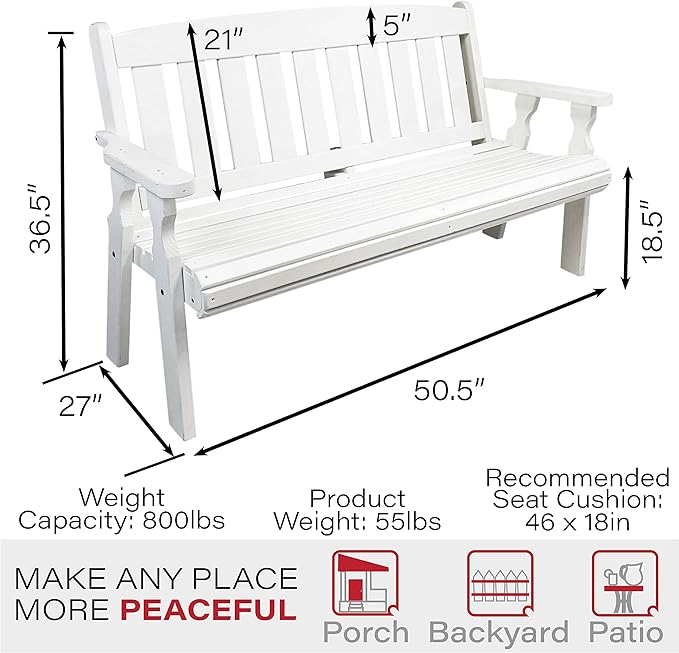 Amish Casual Outdoor Heavy Duty 800 LB Mission Pressure Treated Garden Bench(4 Foot, Semi-Solid White Stain)
