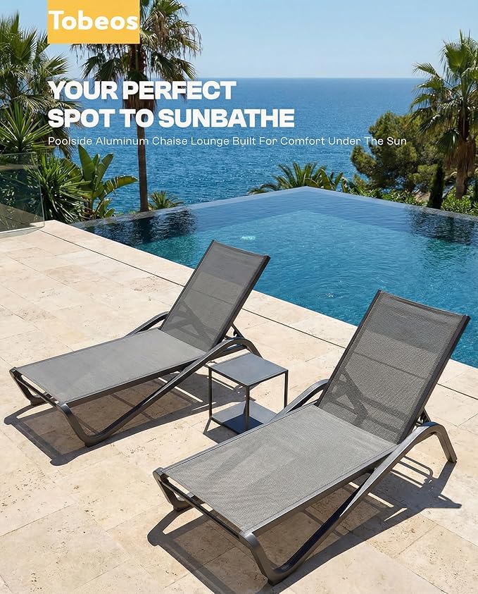Outdoor Chaise Lounge Chair Set of 30, 5-Position Adjustable Patio Lounge Chair with Aluminum Frame, Textilene Fabric Pool Loung Chairs for Poolside, Deck, Backyard (Grey)