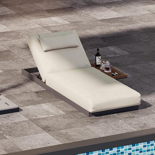 homary Modern Outdoor Lounge Chair, Patio Pool Lounger Outdoor Chaise with Beige Cushions & Built-in Side Table, Adjustable Backrest, Weather-Resistant Metal Frame