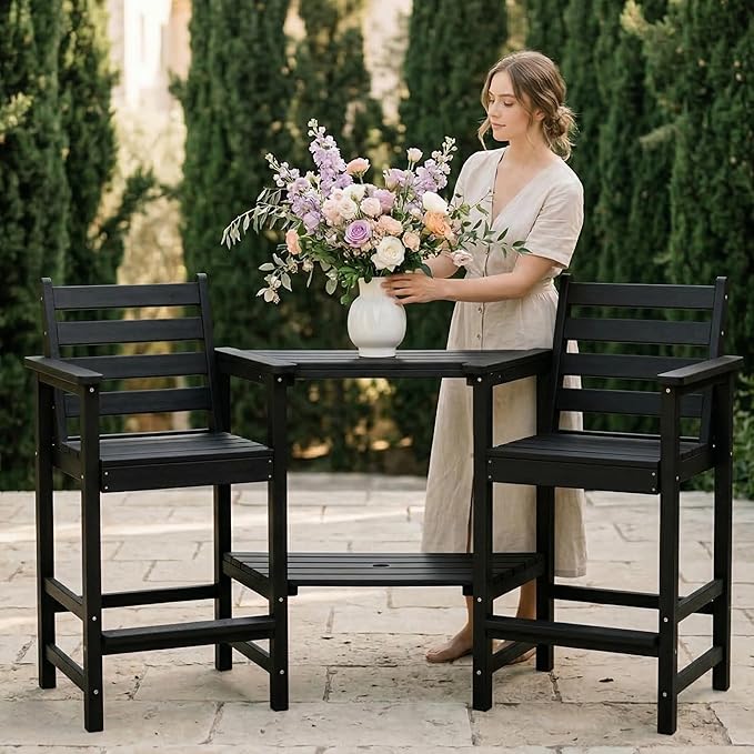 Kingdura Tall Adirondack Chairs Set of 2, Weather Resistant HDPE Bar Height Outdoor Stools with Removable Double Connecting Trays, Wooden Grain for Patio, Balcony, Deck (Black)