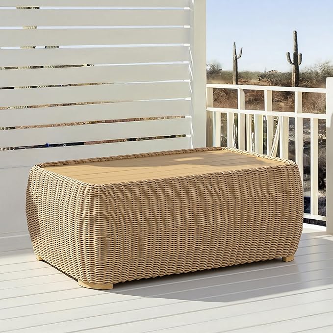 CHITA Wicker Patio Coffee Table, 41” All-Weather Rattan Outdoor Coffee Table with Wood-Grain Metal Top - Photo 2