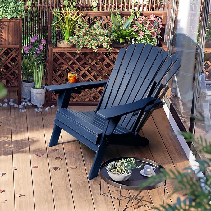 FUNBERRY Folding Adirondack Chair with Adjustable Backrest, HDPE All Weather Fire Pit Chairs with Cup Holder
