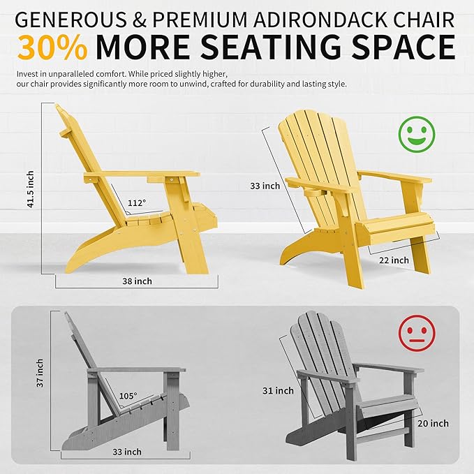 Psilvam Adirondack Chair, Oversized Poly Lumber Fire Pit Chair with Cup Holder, 350Lbs Support Patio Chairs for Garden, Weather Resistant Adirondack Chair Looks Like Real Wood (4, Yellow)