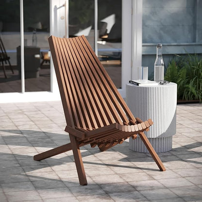 EMMA + OLIVER Durham Folding Chair for Indoor/Outdoor Use, Weather-Resistant Acacia Wood Construction, Low Profile Lounge Chair, Perfect for Sunroom/Patio, Brown