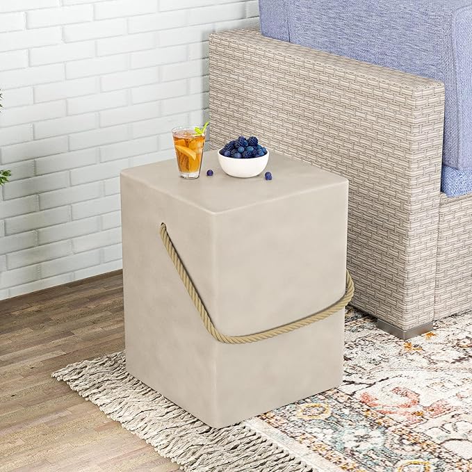 HOMPUS Outdoor Side Table Set of 2, 2 Pieces Patio Concrete Natural End Table w Hemp Rope Handle, Square Accent Table Set, Small Coffee MgO Table for Garden, Porch and Deck, Light Grey