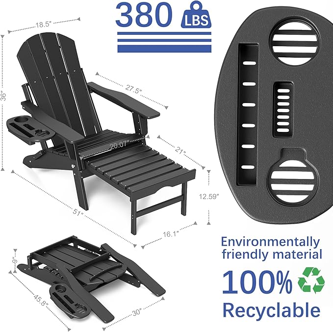 FOOWIN Adirondack Chair with Retractable Ottoman,HDPE Folding Adjustable Adirondack Chair w/4 in 1 Cup Holder Trays,All-Weather Resistant Fire Pit Chair for Outdoor Patio Lawn Set of 8
