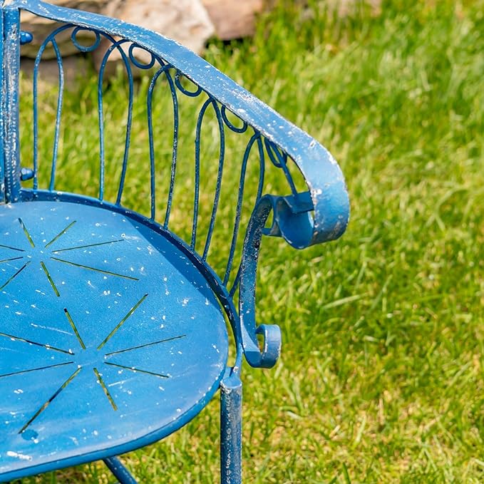 Zaer Ltd. Vintage Style Metal Patio Furniture with Heart Design Accents, Outdoor/Indoor Decor (Vintage Blue, Garden Bench)