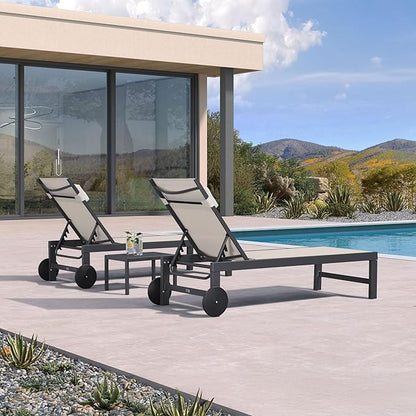 PURPLE LEAF Patio Lounge Chair Set Outdoor Chaise Lounger Aluminum Frame with 2 Side Table and Wheels for Pool Outside Sunbathing Tanning Recliner Including Pillows Beige
