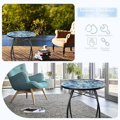 MUMTOP Side Patio Tables-Mosaic Outdoor Side Table - 14’’ Blue and Transparency Leaf Glass Accent Round EndTable, Plant Stand Indoor Small CoffeeTable for Garden or Living Room Decor
