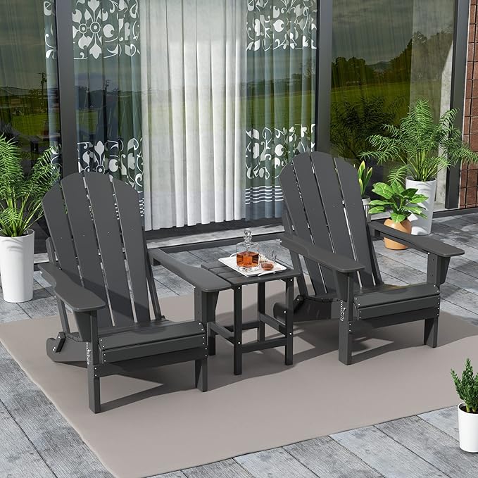 WestinTrends Malibu 3-Pieces Adirondack Chairs Set with Side Table, All Weather Outdoor Seating Plastic Patio Lawn Chair Folding for Outside Porch Deck Backyard, Gray