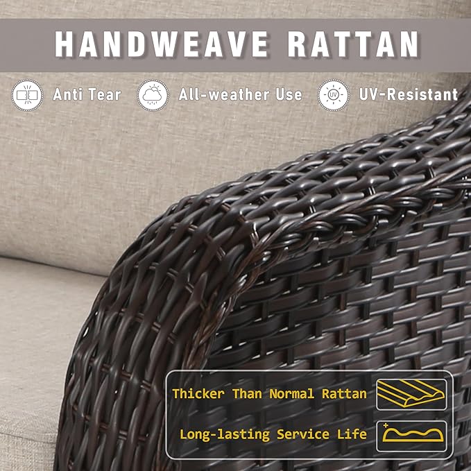 3 Piece Patio Wicker Conversation Set, All-Weather Use Outdoor Wicker Loveseat with 2 PE Rattan Chair, Ideal for Porch - Photo 7