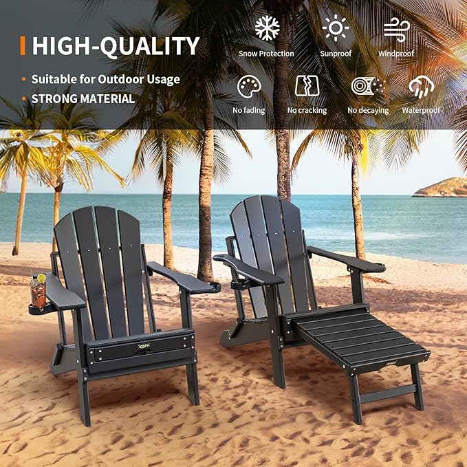 VINGLI Back-Adjustable Plastic Folding Adirondack Chairs with Retractable Footrest & 2-in-1 Cup Holders - Photo 7