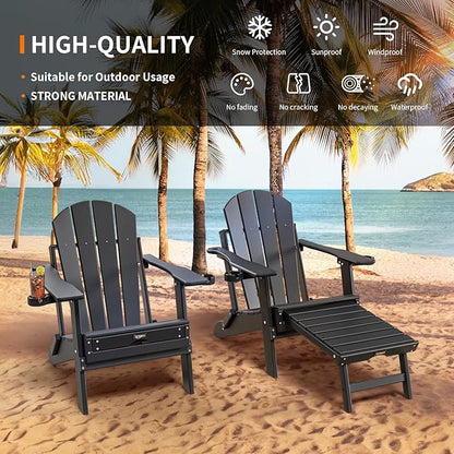 VINGLI Back-Adjustable Plastic Folding Adirondack Chairs Set of 2with Retractable Footrest & 2-in-1 Cup Holders, Waterproof HDPE Outdoor Fire Pit Chairs for Patio, Pool, Capacity 400 LBS, Black