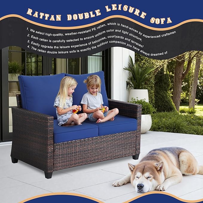 Outdoor Loveseat, All-Weather Patio Deep Seat 2-Seater Rattan Sofa with Water Resistant Cushions for Balcony, Backyard - Photo 4