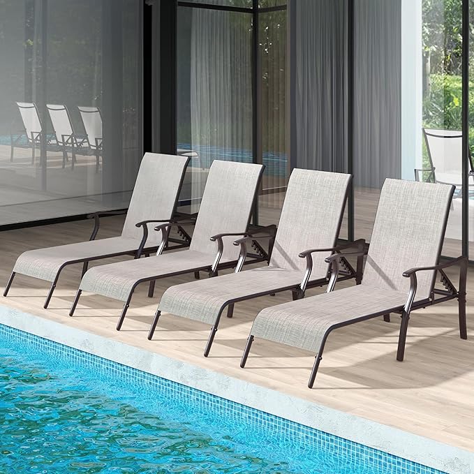 YITAHOME Outdoor Chaise Lounge Chair Set of 4,Patio Lounge Chair with 5 Adjustable Positions, Textile Pool Chaise Lounger for Outdoor, Patio, Beach, Yard (Beige)