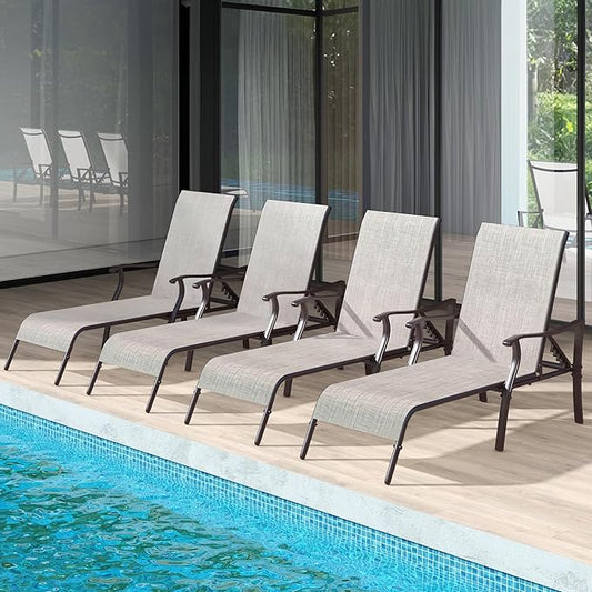 YITAHOME Outdoor Chaise Lounge Chair Set of 4,Patio Lounge Chair with 5 Adjustable Positions, Textile Pool Chaise Lounger for Outdoor, Patio, Beach, Yard (Beige)