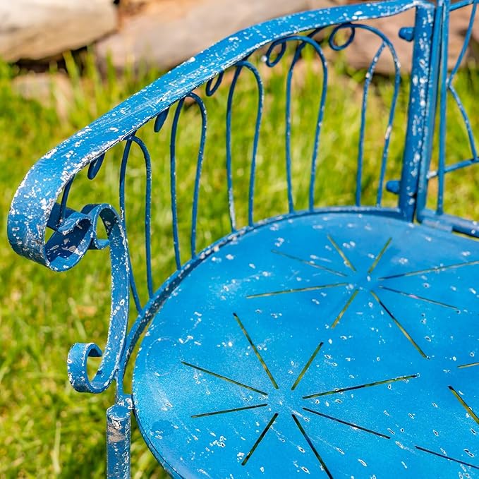 Zaer Ltd. Vintage Style Metal Patio Furniture with Heart Design Accents, Outdoor/Indoor Decor (Vintage Blue, Garden Bench)