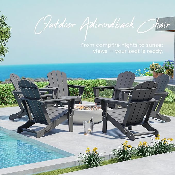 Domi Folding Adirondack Chairs Set of 2, HDPE All-Weather Outdoor Chairs with Cup Holder, Wooden Textured Fire Pit Chairs for Backyard, Patio, Poolside & Deck, Grey