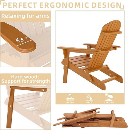 Outdoor Wooden Folding Adirondack Chair with Pre-Assembled BackRest & SeatBoard, Accent Furniture for Patio Backyard Garden Porch Deck Pool Firepit