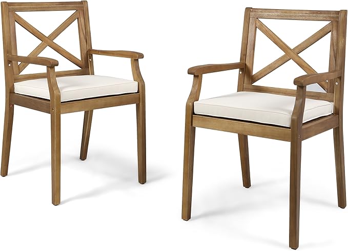 Christopher Knight Home Peter | Outdoor Acacia Wood Dining Chair Set of 2, Teak/Cream Cushion - Photo 1