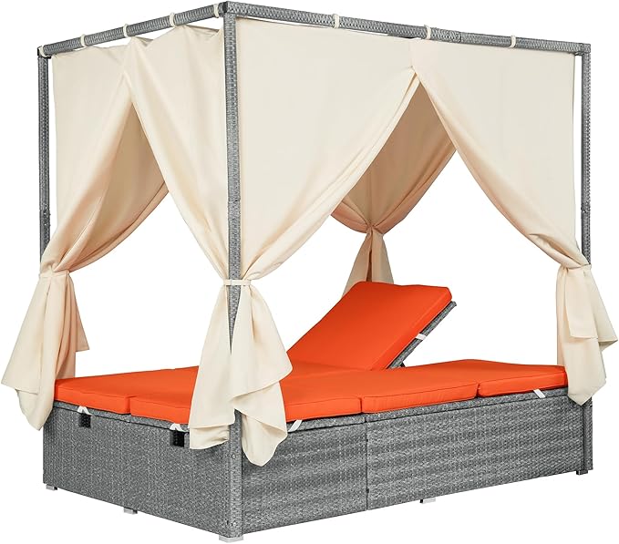 Patio Chaise Lounge, Gray PE Rattan Outdoor Patio Wicker Sunbed Daybed with Adjustable Seats, Four-sided Canopy, Overhead Curtain and Orange Cushion for Backyard, Garden, Poolside (for 2-6 people)