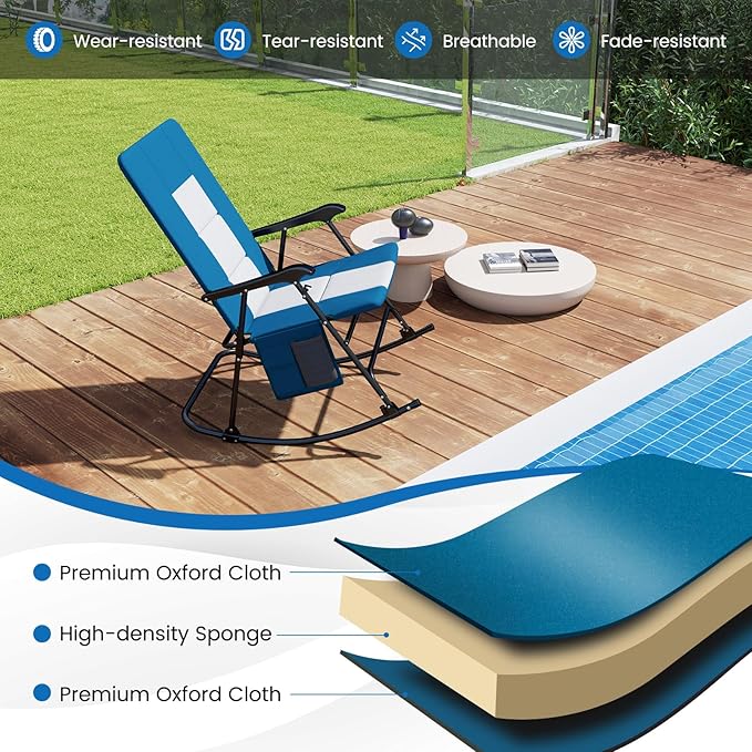 Goplus Oversized Folding Rocking Chair, Padded Patio Lounge Rocker w/Metal Frame, Armrests, Side Pocket, Lightweight Portable Rocking Chair for Backyard Camping Travel, Supports up to 500 lbs(1,Blue)