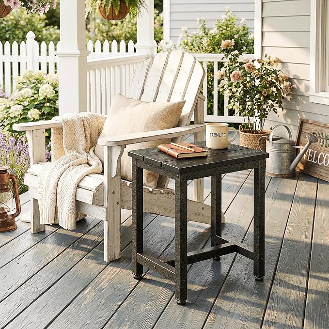 ODK Outdoor Side Table, Adirondack Patio End Table with Weather-Resistant, Waterproof Top for Hot Tub, Garden, Balcony, Poolside, Durable & Easy-to-Clean, Black