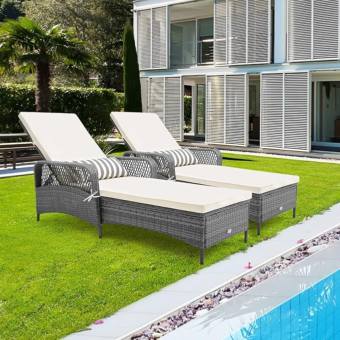 Tangkula Wicker Chaise Lounge Outdoor Set of 2, Patio Rattan Reclining Chaise with 6-Gear Adjustable Backrest - Photo 2