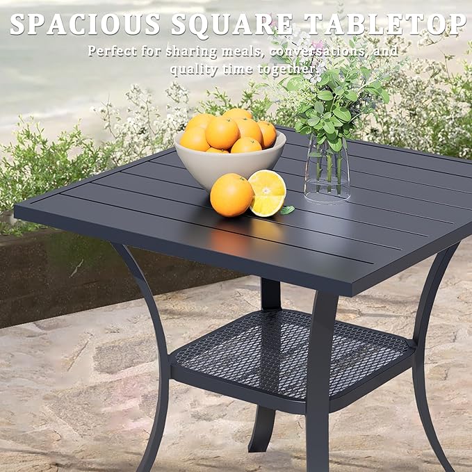 27.6" Square Outdoor Patio Table, All-Weather Metal Patio Table with Storage Shelf,Outdoor Dining Table for Lawn Garden Porch, Black