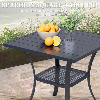 27.6" Square Outdoor Patio Table, All-Weather Metal Patio Table with Storage Shelf,Outdoor Dining Table for Lawn Garden Porch, Black