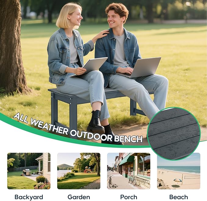 Weatherproof HIPS Outdoor Bench, 2-Person Patio Dining Bench, All-Weather Poly Lumber Garden Bench, Never Rot or Fade, Park Bench with Wood Grains for Porch, Deck, Entryway, Grey, 2 Pack