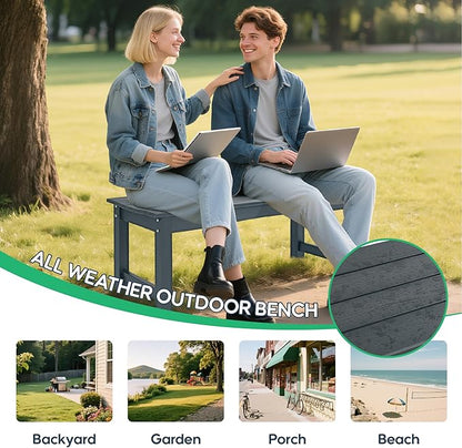 Weatherproof HIPS Outdoor Bench, 2-Person Patio Dining Bench, All-Weather Poly Lumber Garden Bench, Never Rot or Fade, Park Bench with Wood Grains for Porch, Deck, Entryway, Grey, 2 Pack