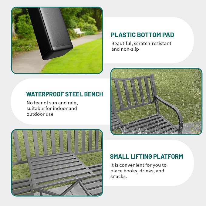 2 in 1 Metal Bench Patio Bench, Outdoor Benches Weatherproof with Folding Middle Table - Photo 9