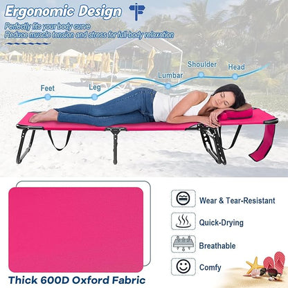 Goplus Tanning Chair, Folding Beach Lounge Chair with Face Hole, Removable Pillow, Carry Strap, Position Adjustable, Sunbathing Chair, Portable Outside Lounge Chair for Patio Pool